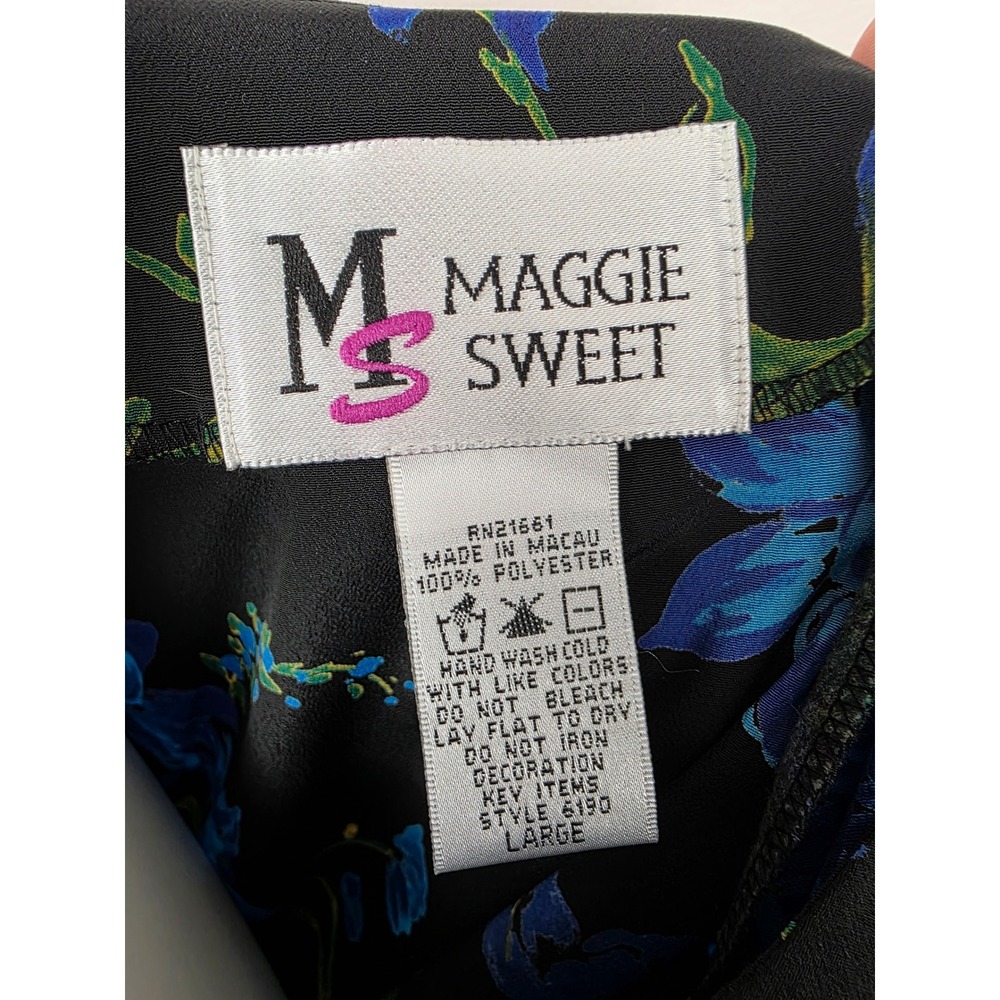 Maggie Sweet Black Blue Floral Tassel Drape Neck 3/4 Sleeve Tunic Top Large - Picture 7 of 7